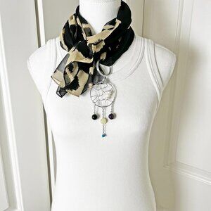 Boho Sheer Animal Print Scarf w/ Convertible Gemstone Dreamcatcher Necklace Set
